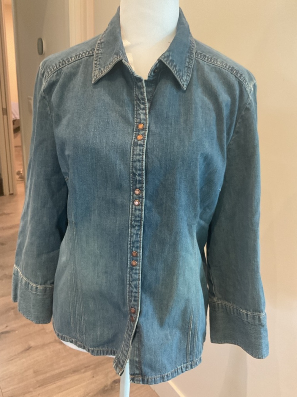 French Cuff Denim Bronze Snap down Shirt/Jacket  with extra wide cuffs.